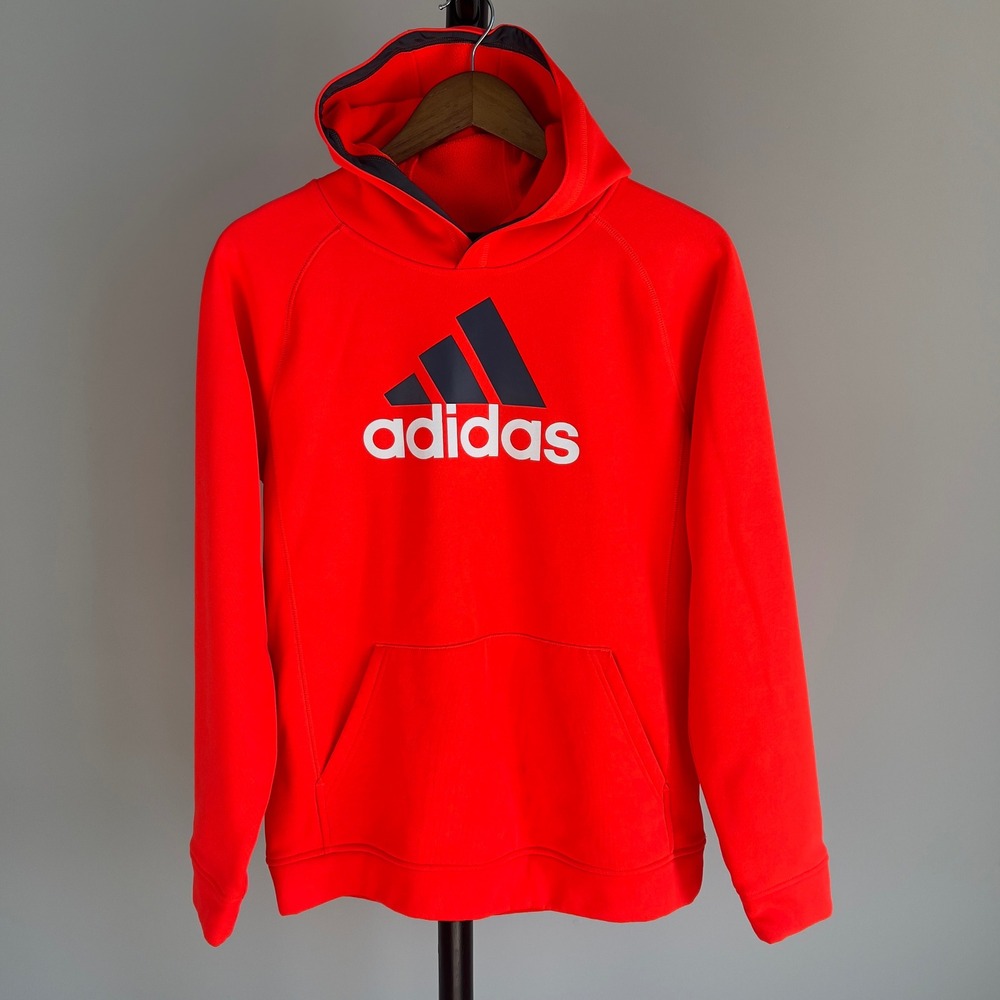 Adidas Boys XL 18 Neon Orange Climawarm Pullover Hoodie Logo Fleece Sweatshirt
